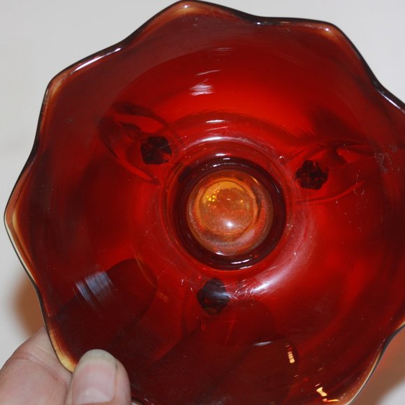 Ruby Red Amberina Glass Lotus Candle Stick Holder Footed Vintage - Picture 2 of 3